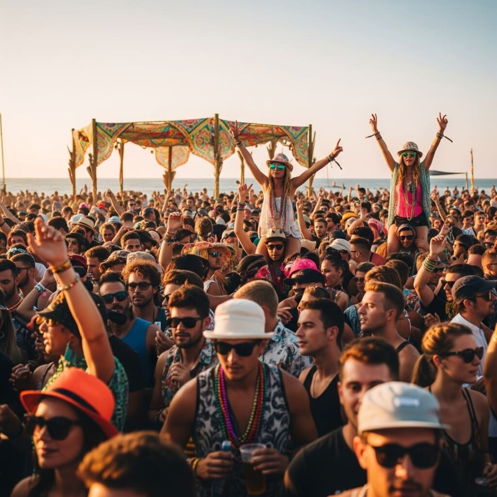 Grupo de festivaleros viviendo un amanecer con gafas de sol y estética festivalera